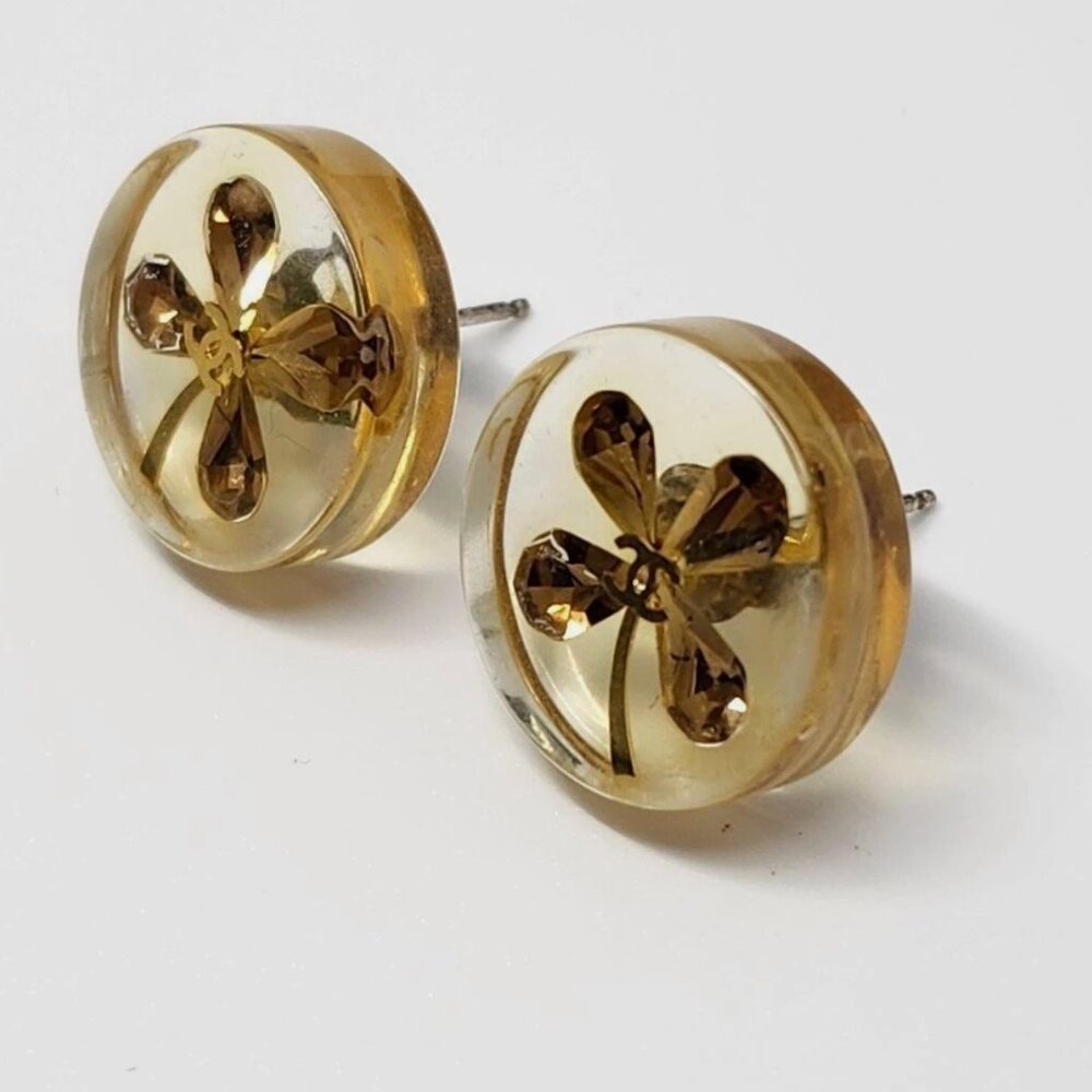 Chanel Earrings CC Logo Clover Clear Crystal Four Leaf Authentic